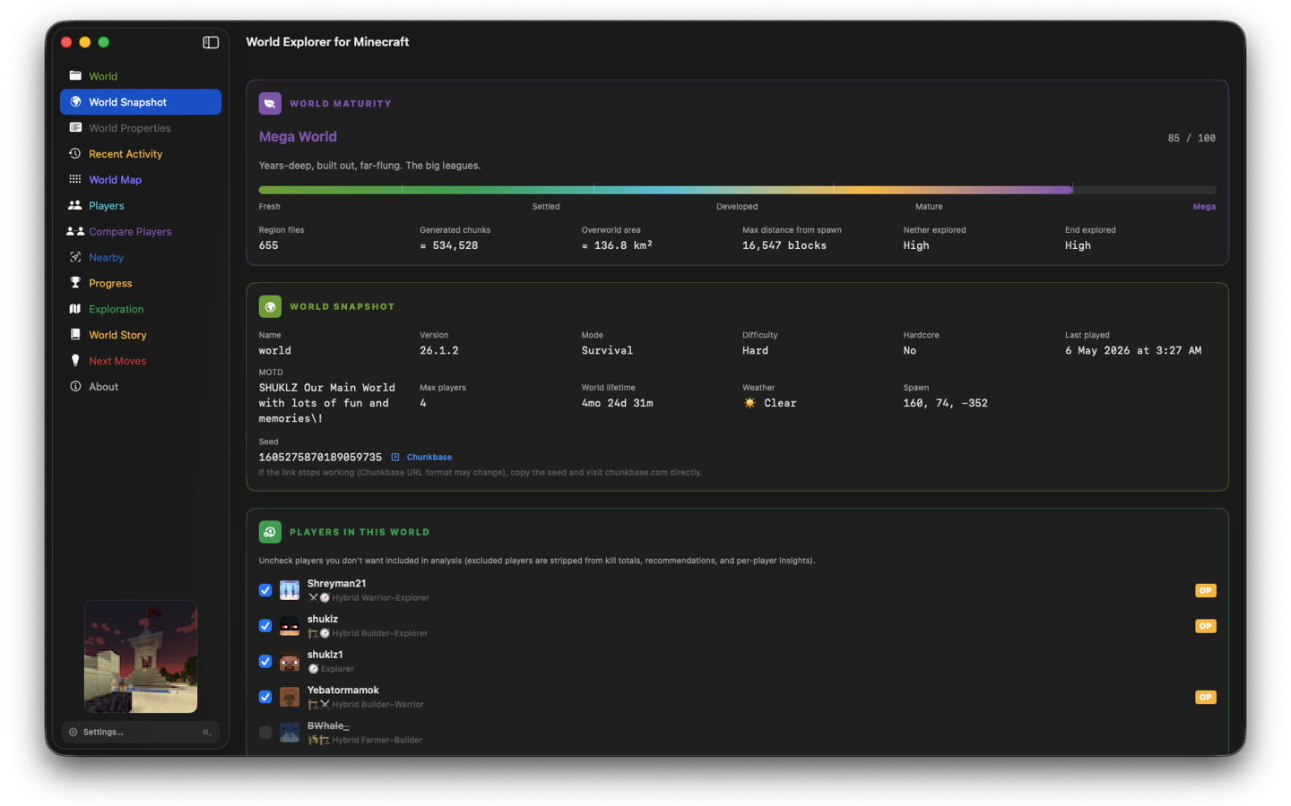 World Snapshot — maturity score, snapshot stats, and player roster