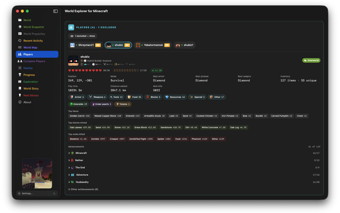 Players tab — per-player stats, inventory, and play-style classification
