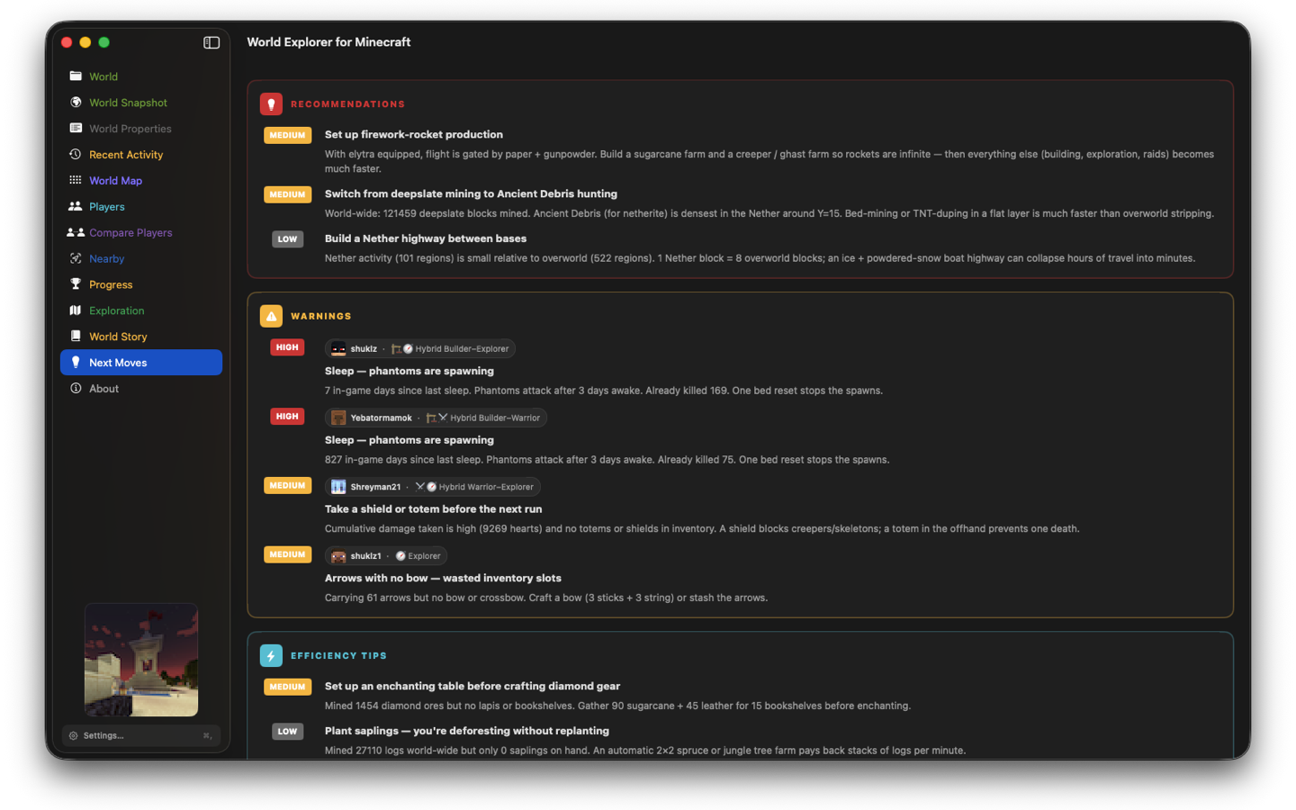 Next Moves — strategy engine recommendations and warnings
