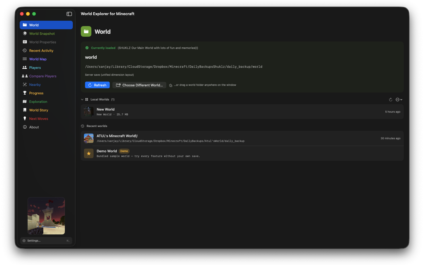 World tab — currently loaded world, local saves, and recent worlds