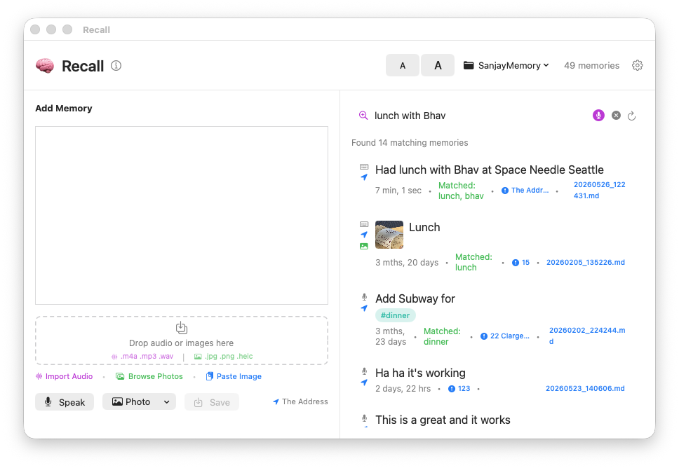 Recall on Mac — main window with sidebar of memories, search field, and the active vault badge