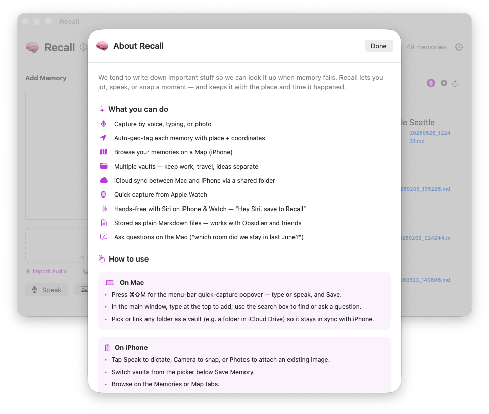 Recall on Mac — Q&A search answering a typed question with the matching memory excerpt