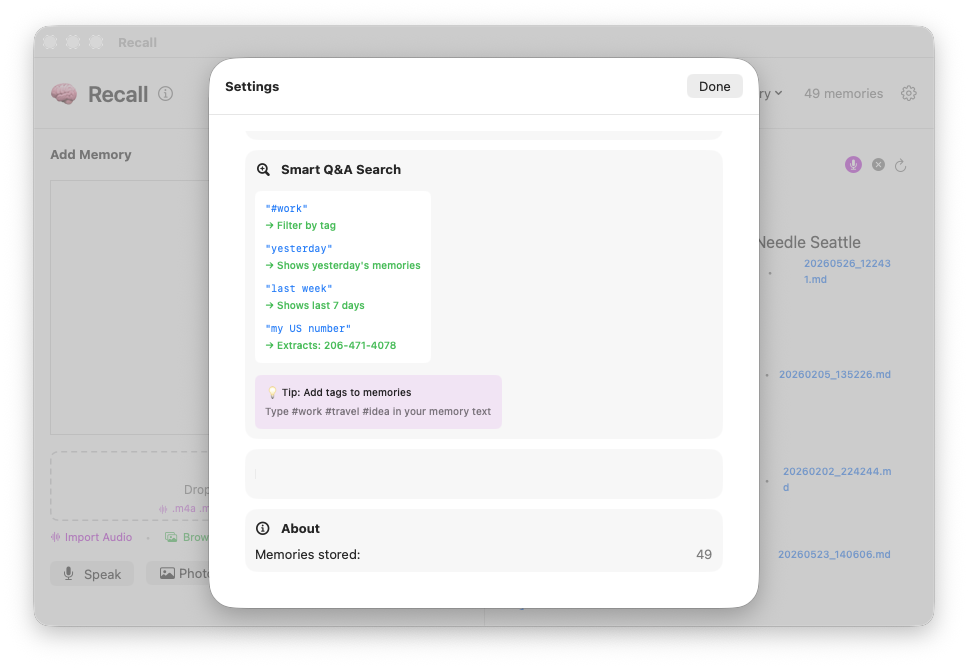 Recall on Mac — menu bar quick-capture popover for jotting a memory without leaving the current app