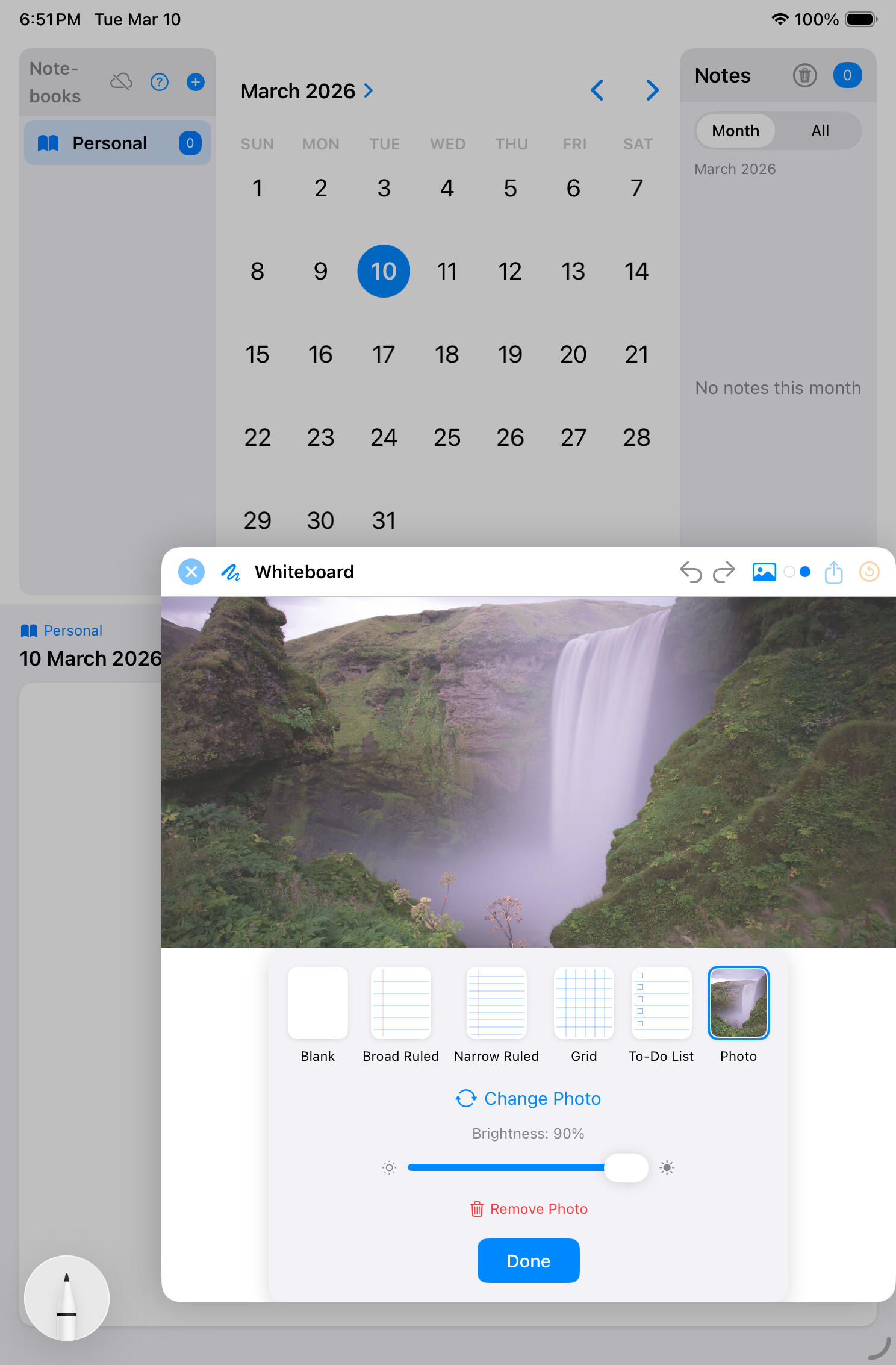 Whiteboard with a waterfall photo background and template picker — Blank, Broad Ruled, Narrow Ruled, Grid, To-Do List, Photo