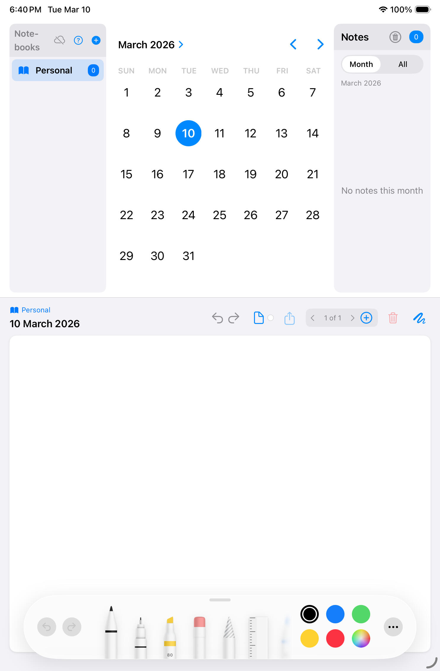 Calendar month view with a Personal notebook and full Apple Pencil tool palette