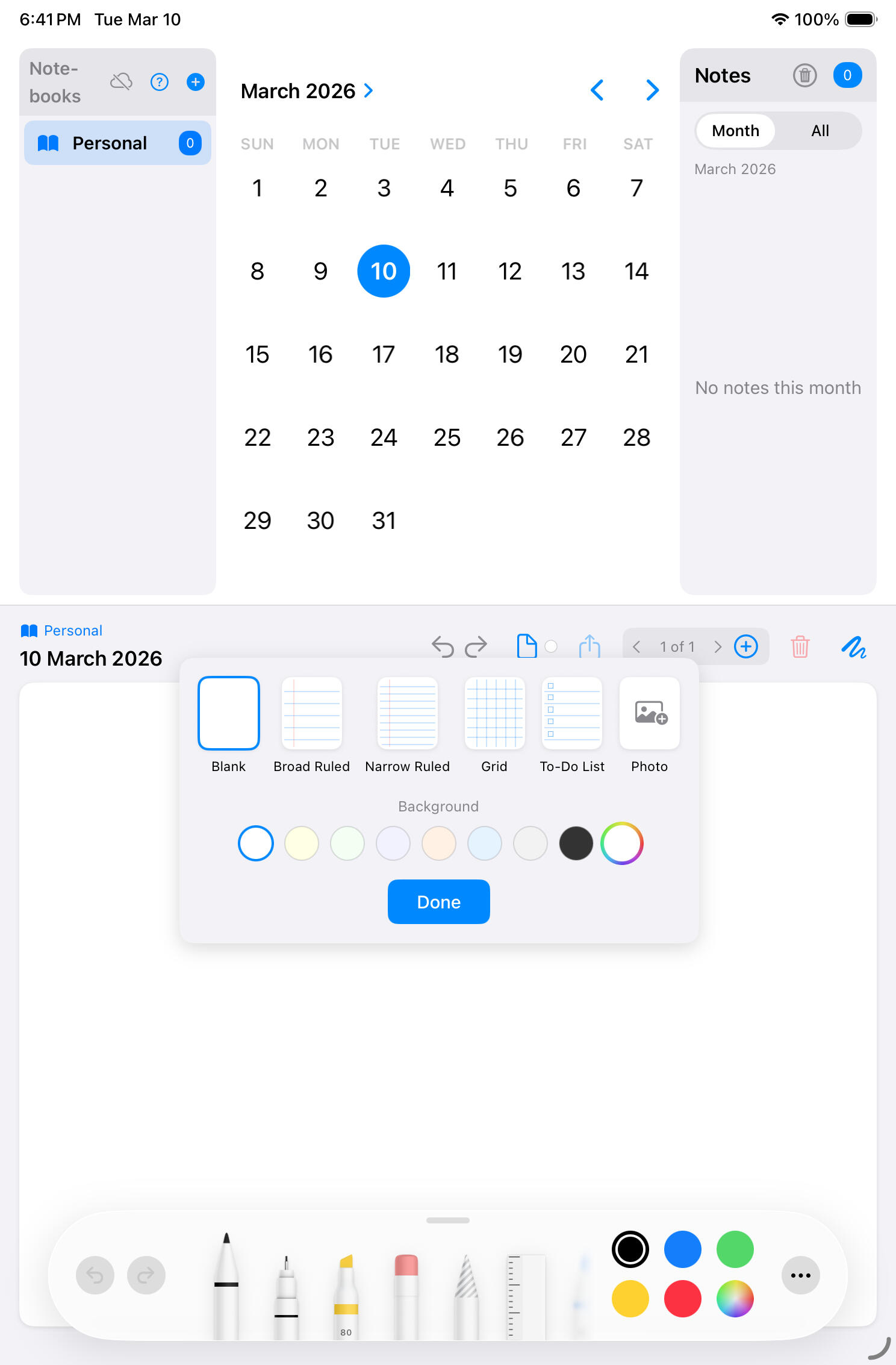 Template picker — Blank, Broad Ruled, Narrow Ruled, Grid, To-Do, Photo — with paper background swatches
