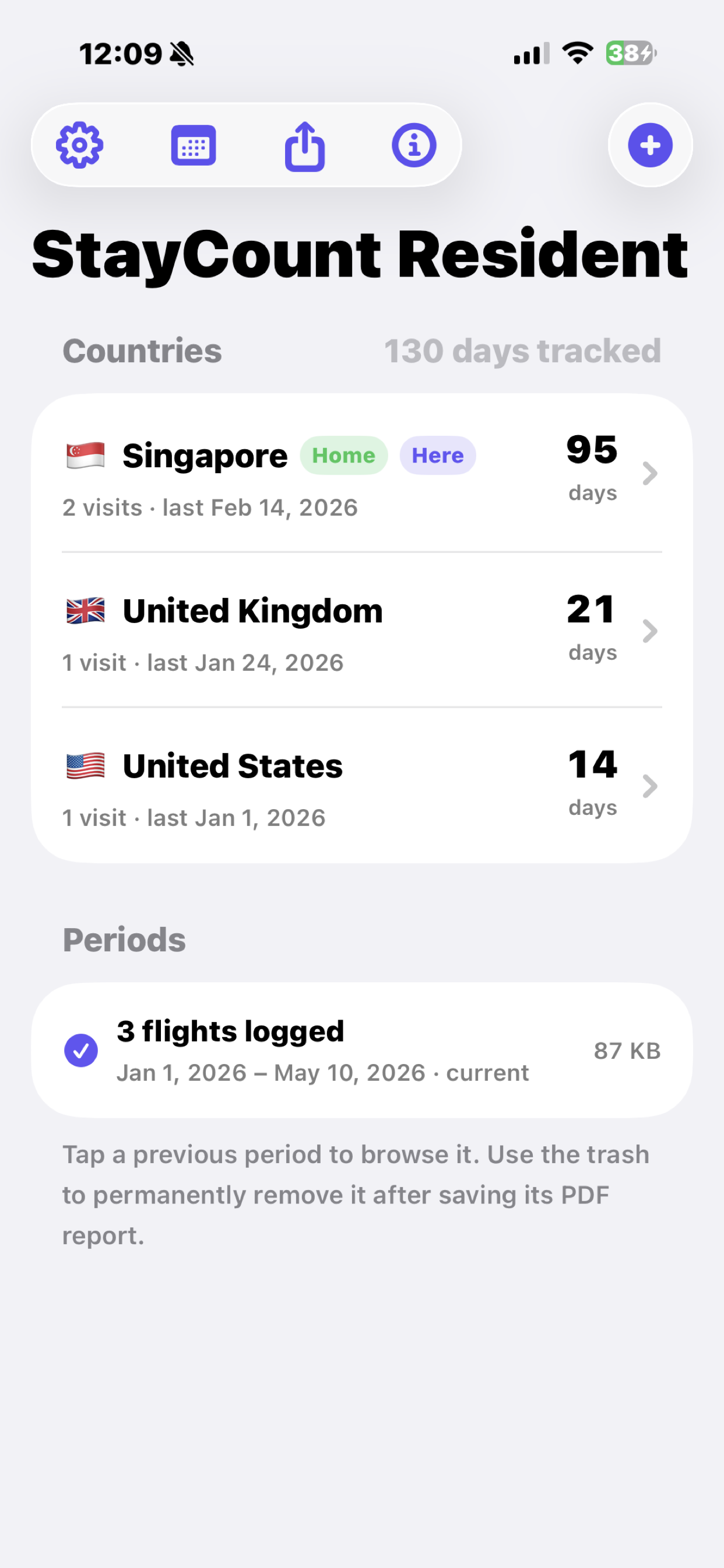Home screen — country list with day counts and 130 days tracked across 3 logged flights