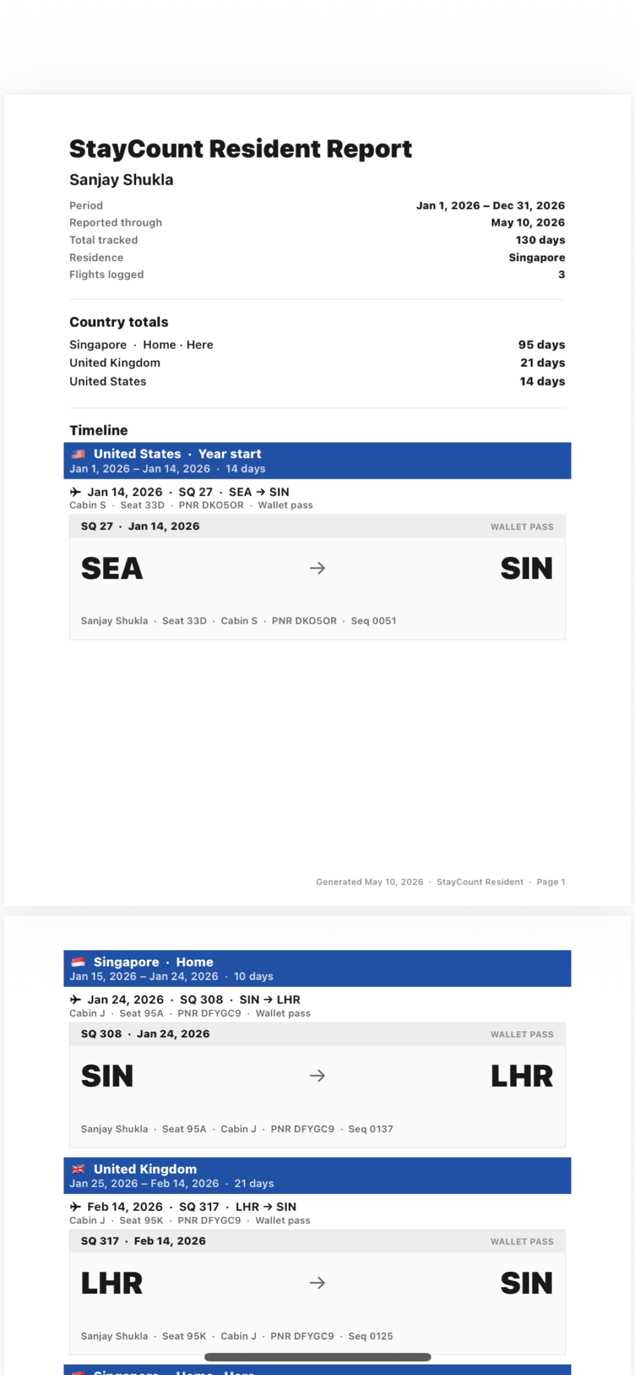 StayCount Resident PDF report — period header, country totals, and chronological timeline of stays and flights