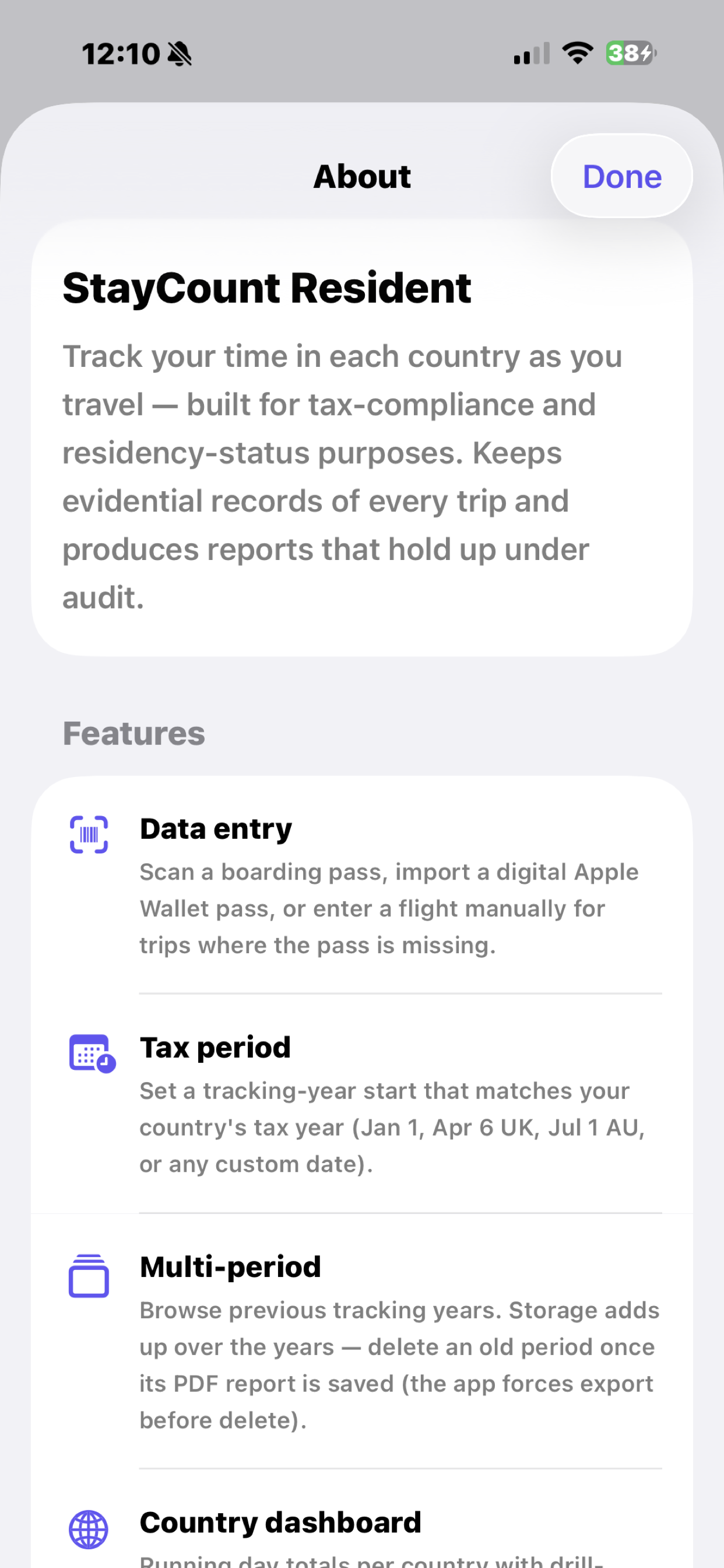 About screen — tax-compliance positioning and feature list (data entry, tax period, multi-period, country dashboard)